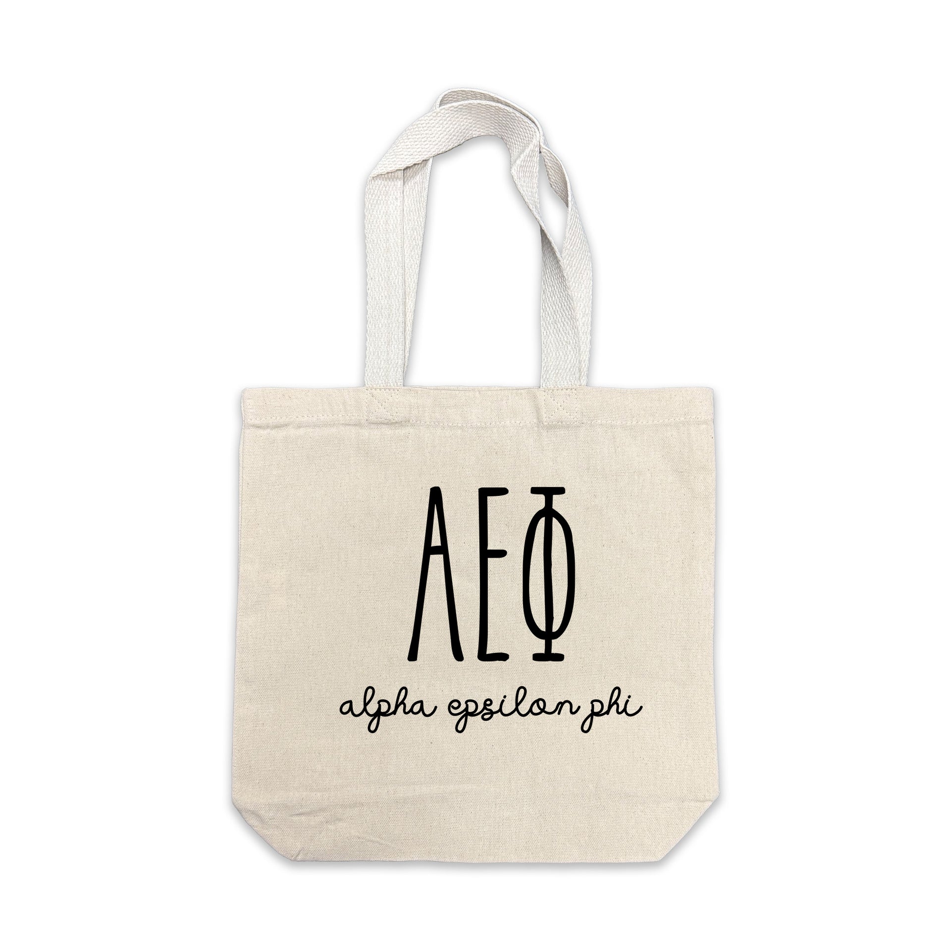 Alpha Epsilon Phi small canvas tote bag featuring striped Alpha Epsilon Phi Greek letters on a white background