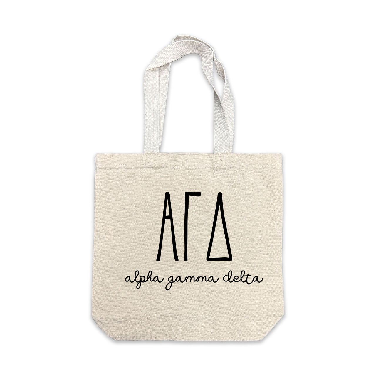 Alpha Gamma Delta small canvas tote bag featuring striped Alpha Gamma Delta Greek letters on a white background