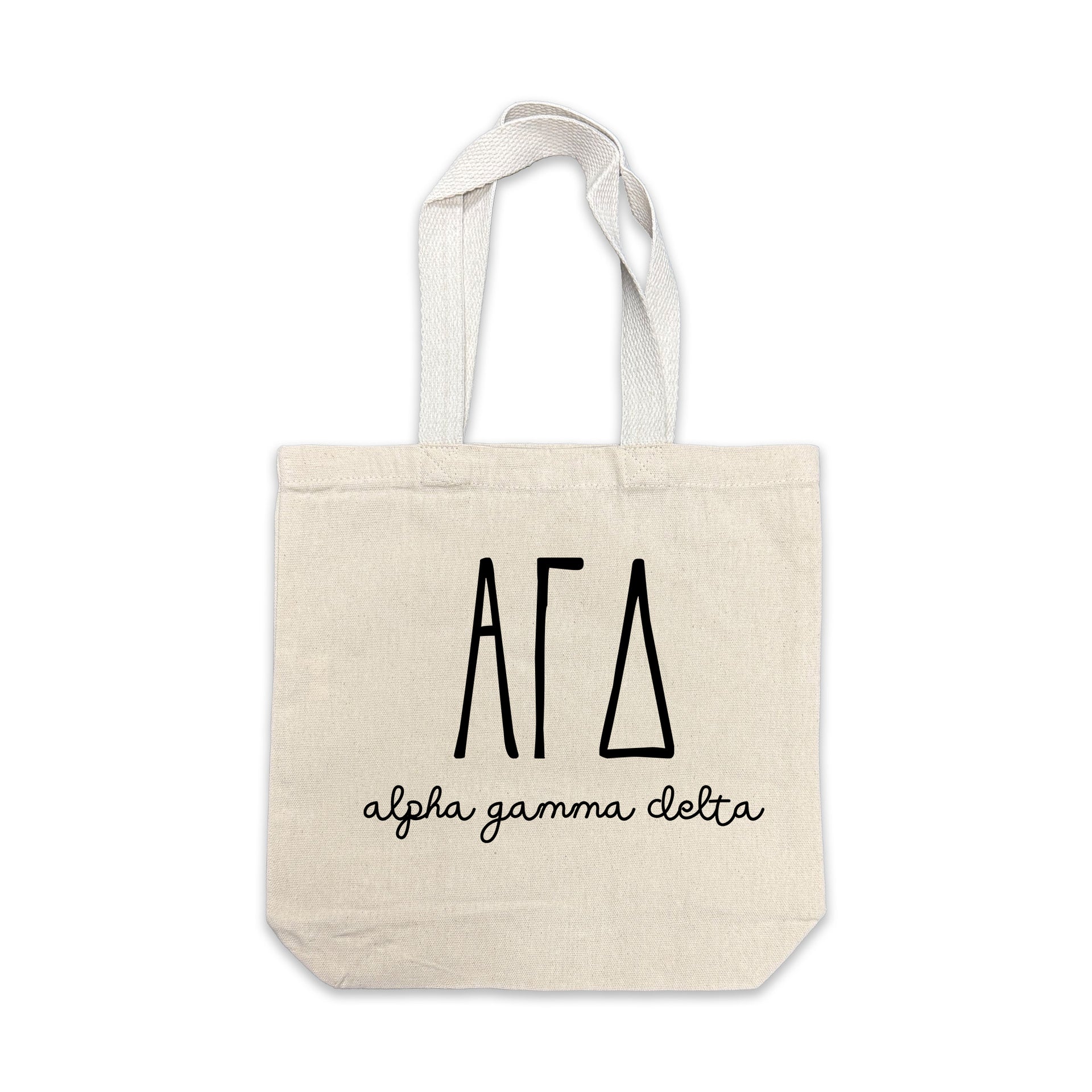 Alpha Gamma Delta small canvas tote bag featuring striped Alpha Gamma Delta Greek letters on a white background