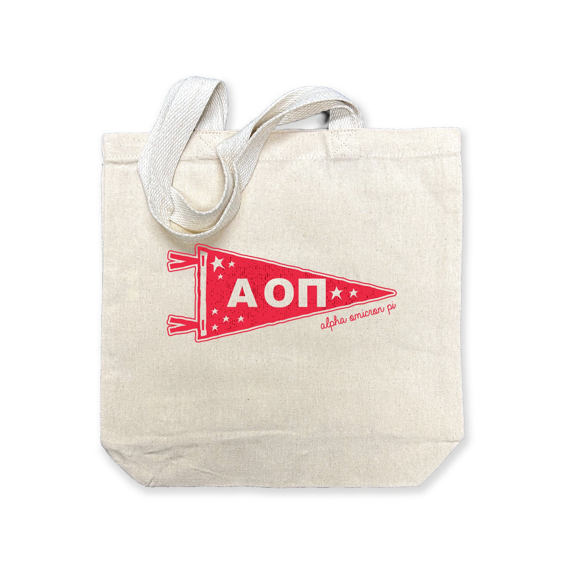 Alpha Omicron Pi collegiate pennant medium size canvas tote bag featuring AOII Greek letters on a white background