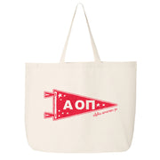 Alpha Omicron Pi collegiate pennant large canvas tote bag featuring AOII Greek letters on a white background