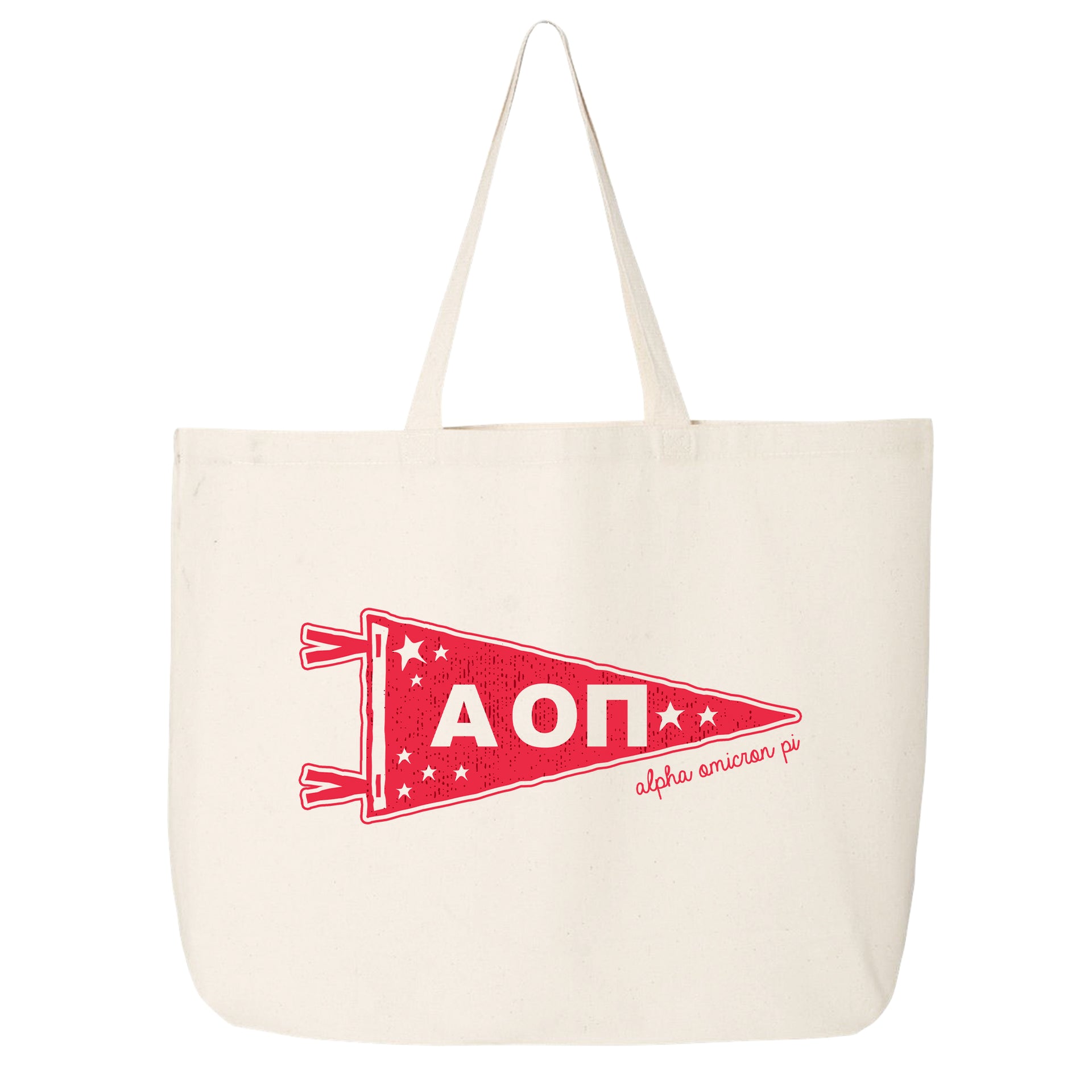 Alpha Omicron Pi collegiate pennant large canvas tote bag featuring AOII Greek letters on a white background