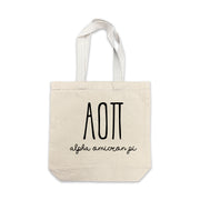 Alpha Omicron Pi small canvas tote bag featuring striped Alpha Omicron Pi Greek letters on a white background