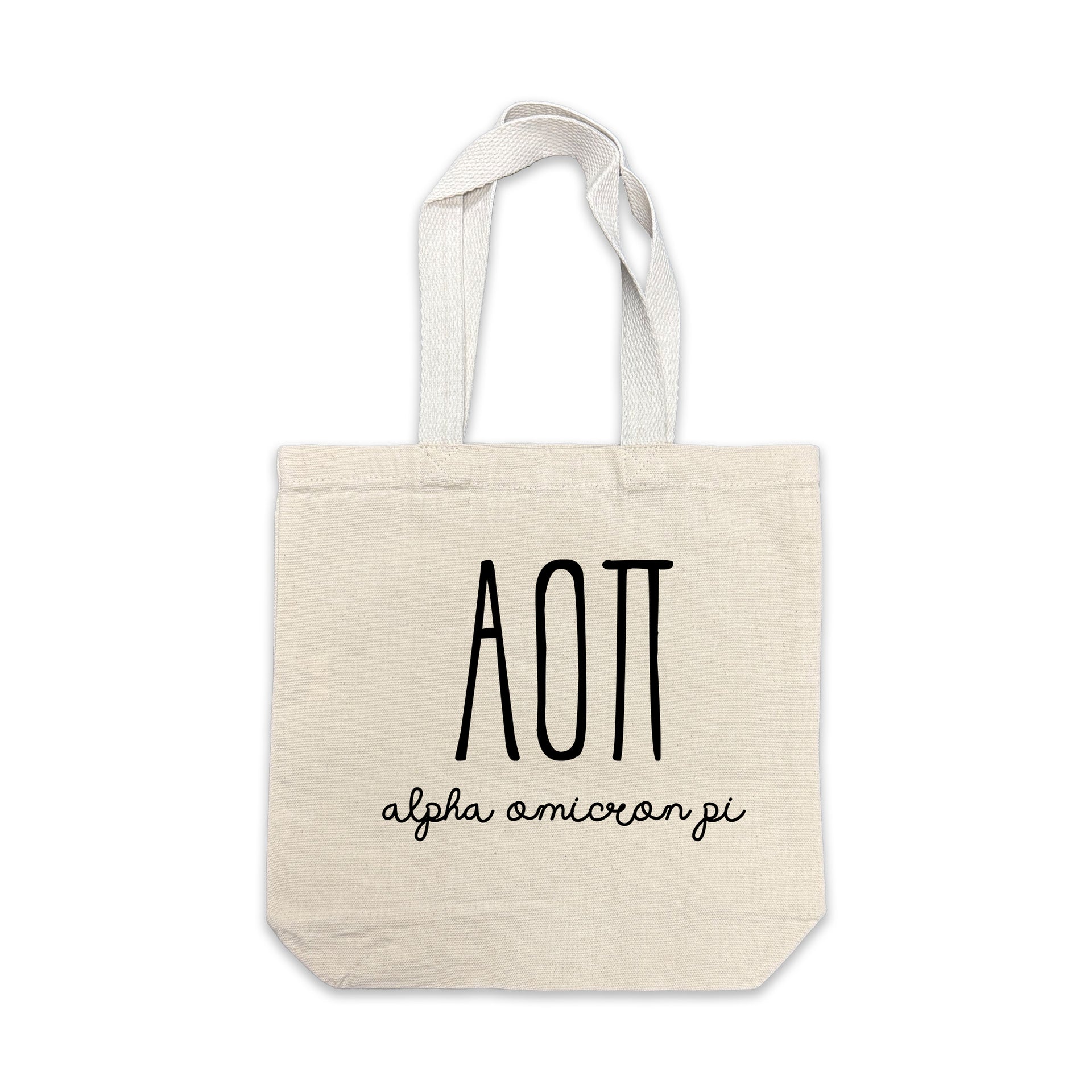 Alpha Omicron Pi small canvas tote bag featuring striped Alpha Omicron Pi Greek letters on a white background