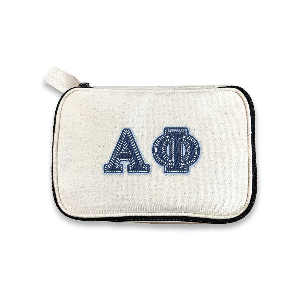 Alpha Phi sorority pouch with bold Alpha Phi letters in denim print, photographed on a white background.