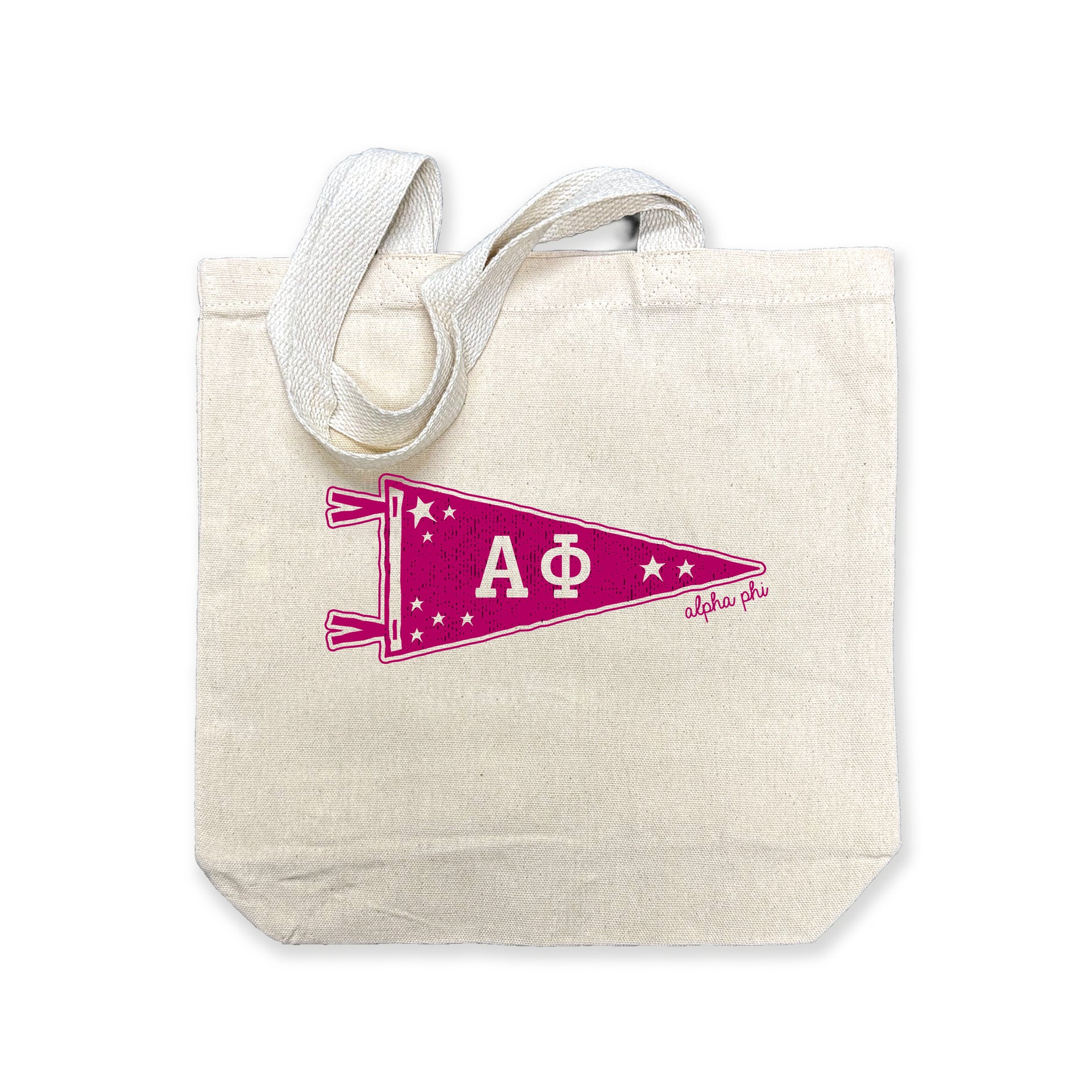 Alpha Phi collegiate pennant medium size canvas tote bag featuring Alpha Phi Greek letters on a white background
