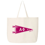 Alpha Phi collegiate pennant large canvas tote bag featuring Alpha Phi Greek letters on a white background