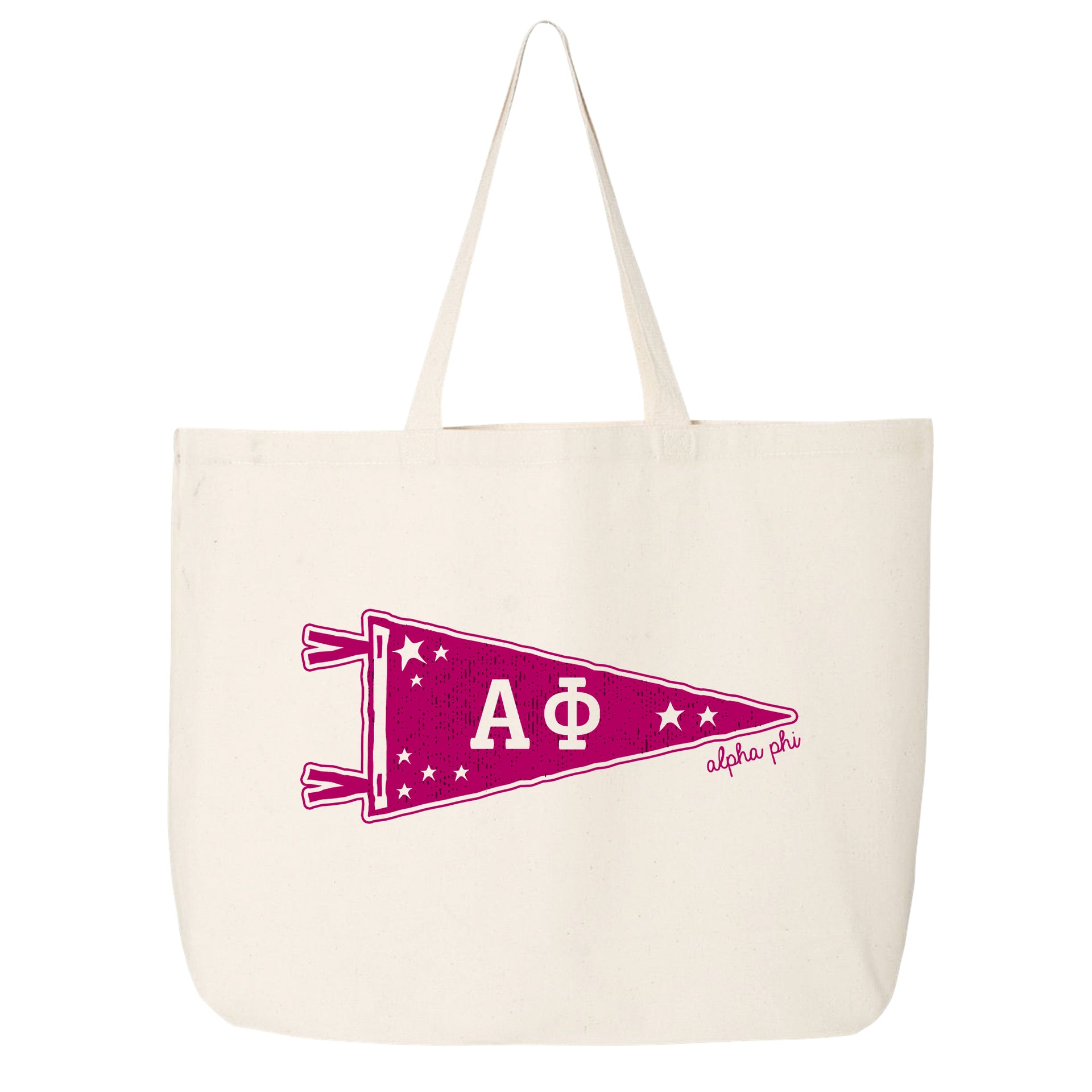 Alpha Phi collegiate pennant large canvas tote bag featuring Alpha Phi Greek letters on a white background