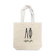 Alpha Phi small canvas tote bag featuring striped Alpha Phi Greek letters on a white background