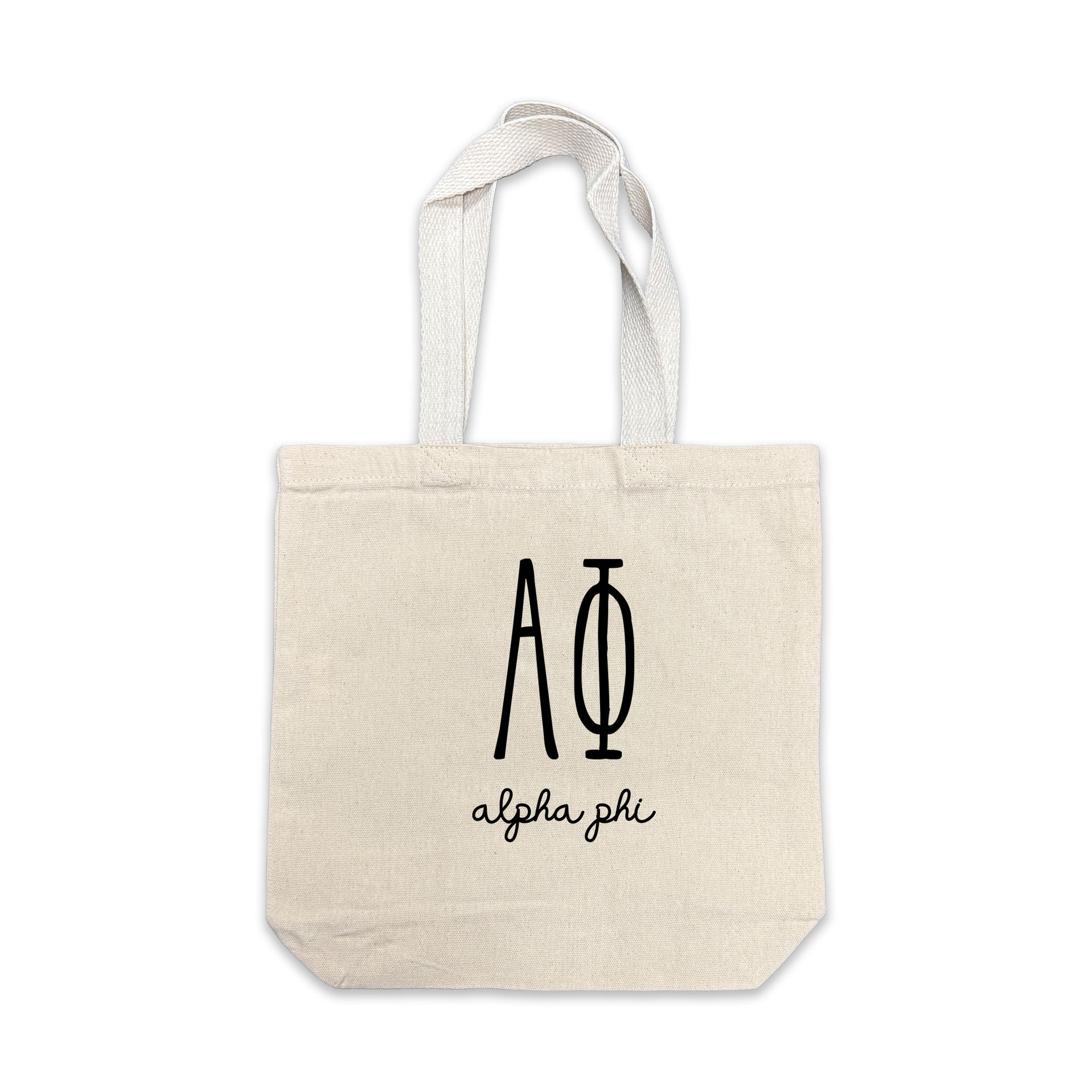 Alpha Phi small canvas tote bag featuring striped Alpha Phi Greek letters on a white background