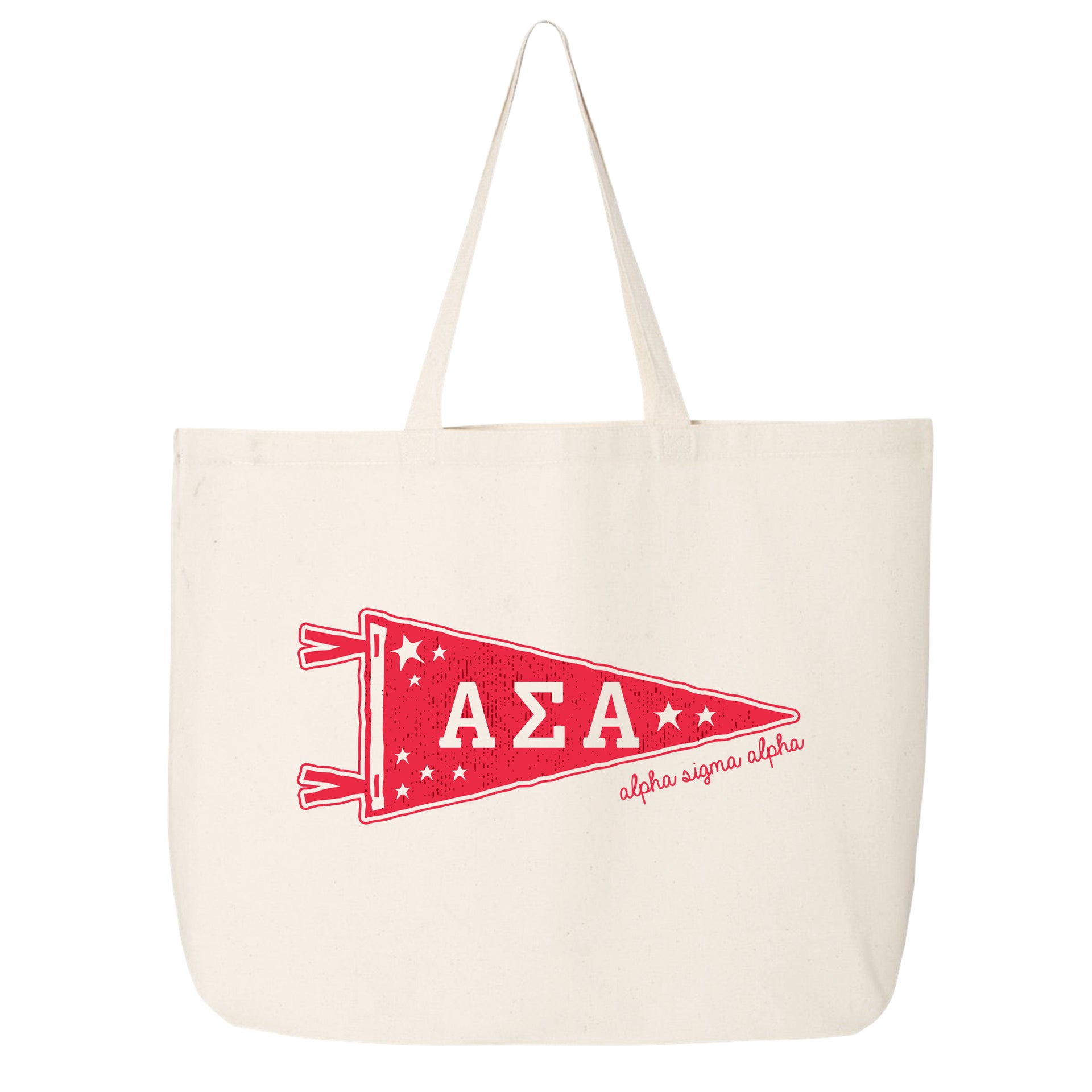 Alpha Sigma Alpha collegiate pennant large canvas tote bag featuring ASA Greek letters on a white background