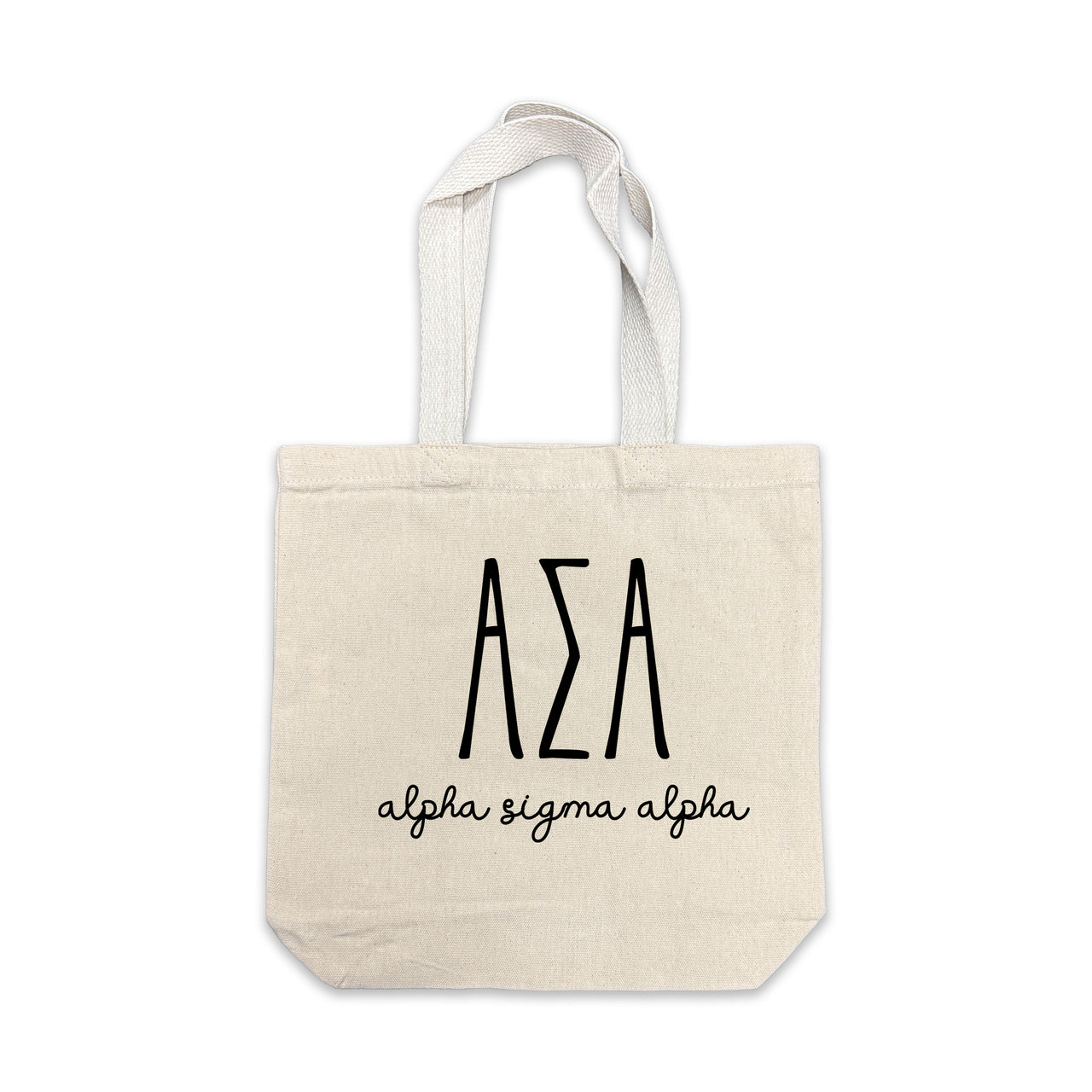 Alpha Sigma Alpha small canvas tote bag featuring striped Alpha Sigma Alpha Greek letters on a white background