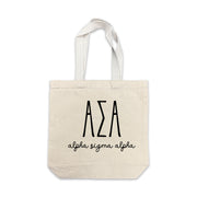 Alpha Sigma Alpha small canvas tote bag featuring striped Alpha Sigma Alpha Greek letters on a white background