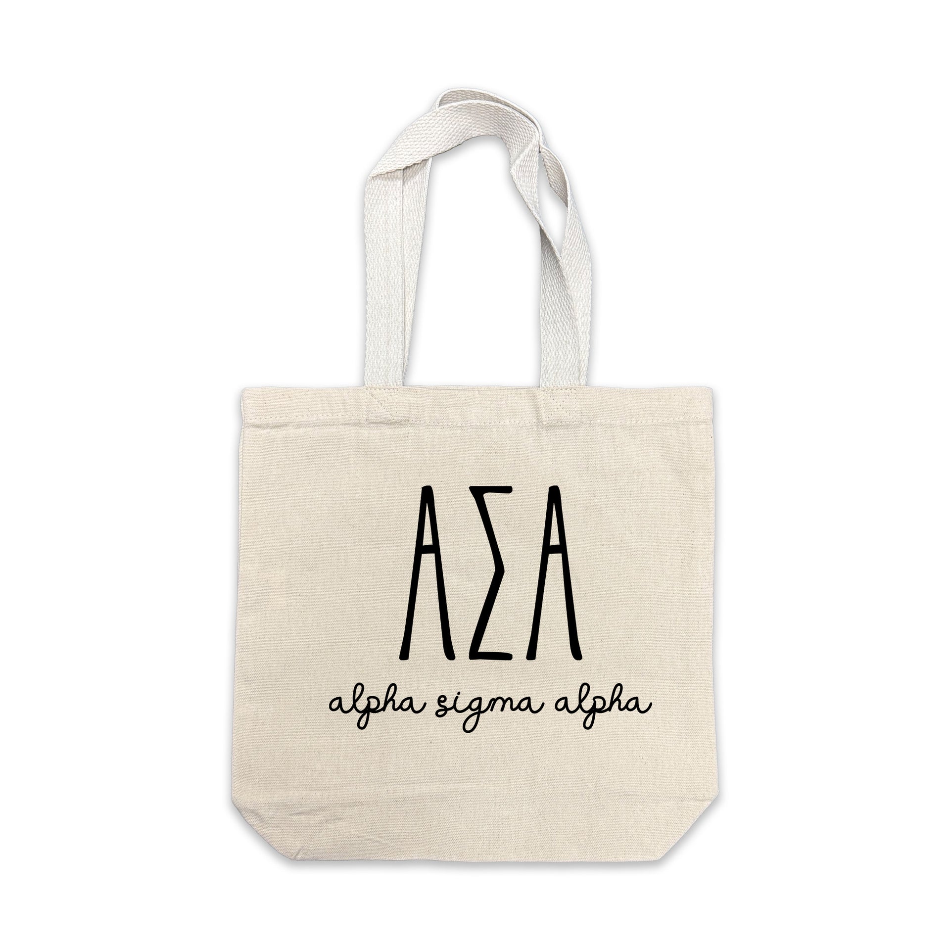 Alpha Sigma Alpha small canvas tote bag featuring striped Alpha Sigma Alpha Greek letters on a white background