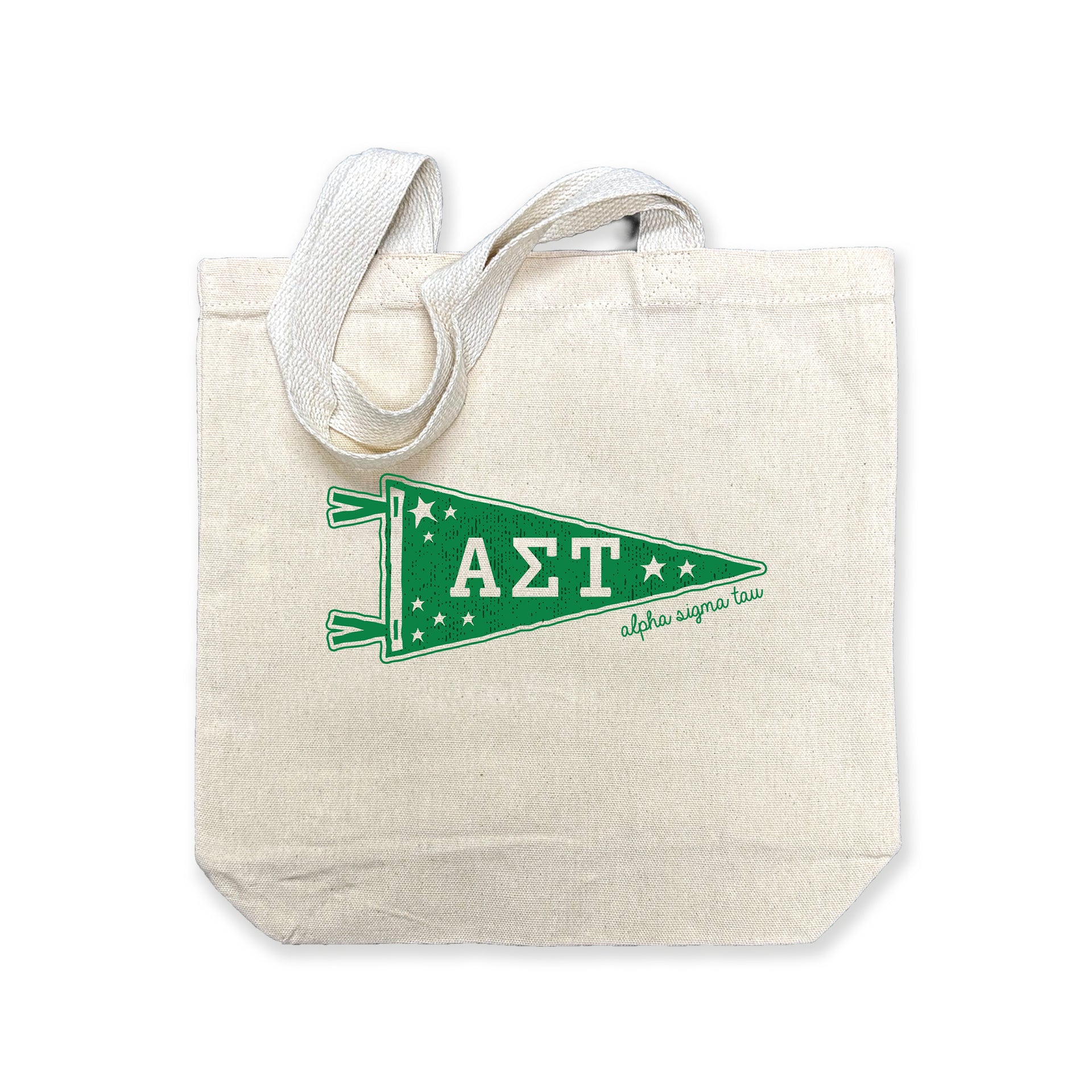 Alpha Sigma Tau collegiate pennant medium size canvas tote bag featuring AST Greek letters on a white background