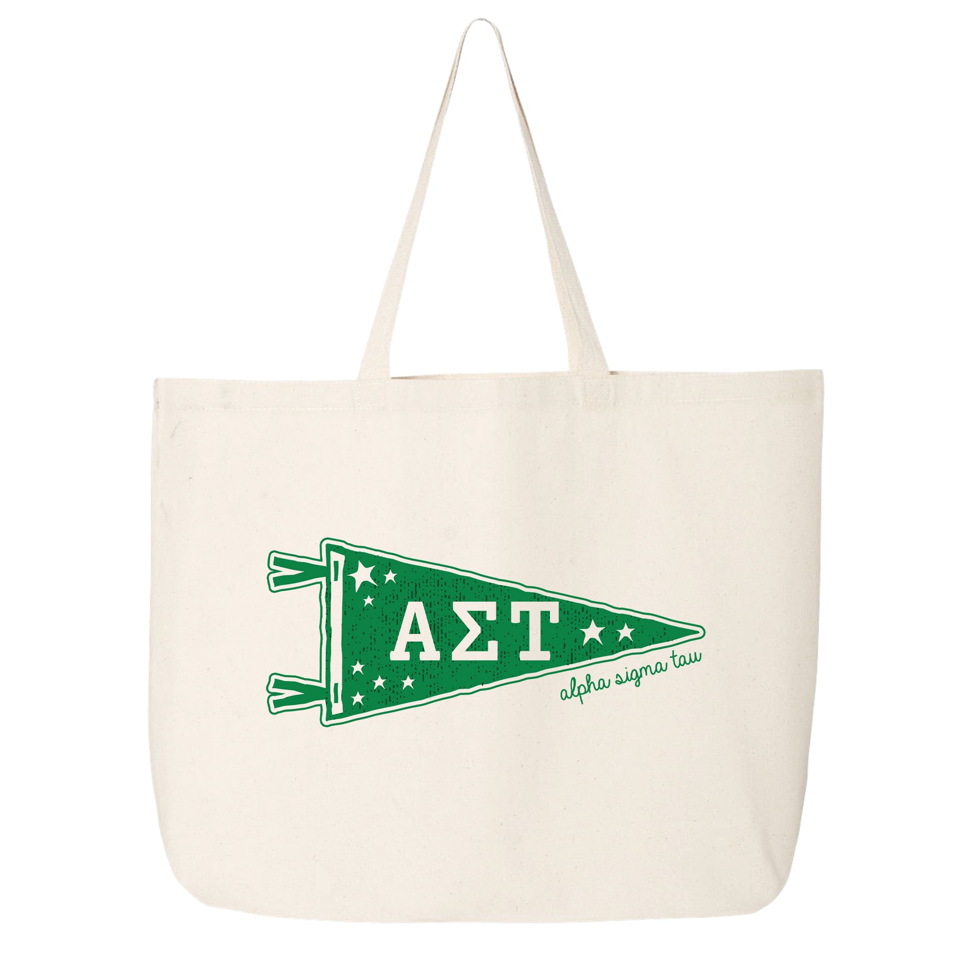 Alpha Sigma Tau collegiate pennant large canvas tote bag featuring AST Greek letters on a white background