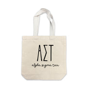 Alpha Sigma Tau small canvas tote bag featuring striped Alpha Sigma Tau Greek letters on a white background
