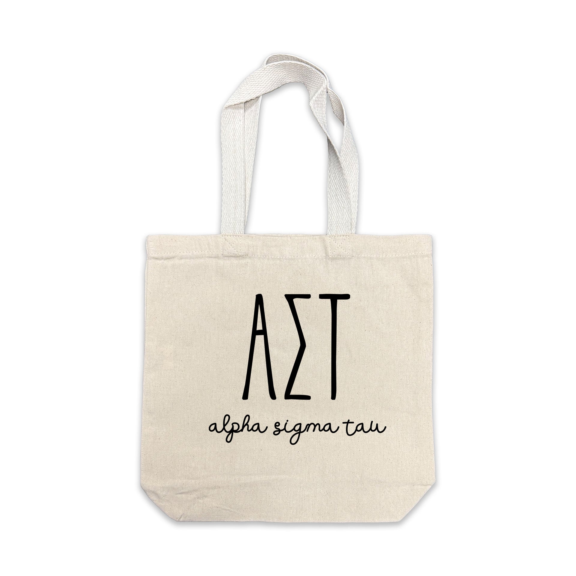 Alpha Sigma Tau small canvas tote bag featuring striped Alpha Sigma Tau Greek letters on a white background