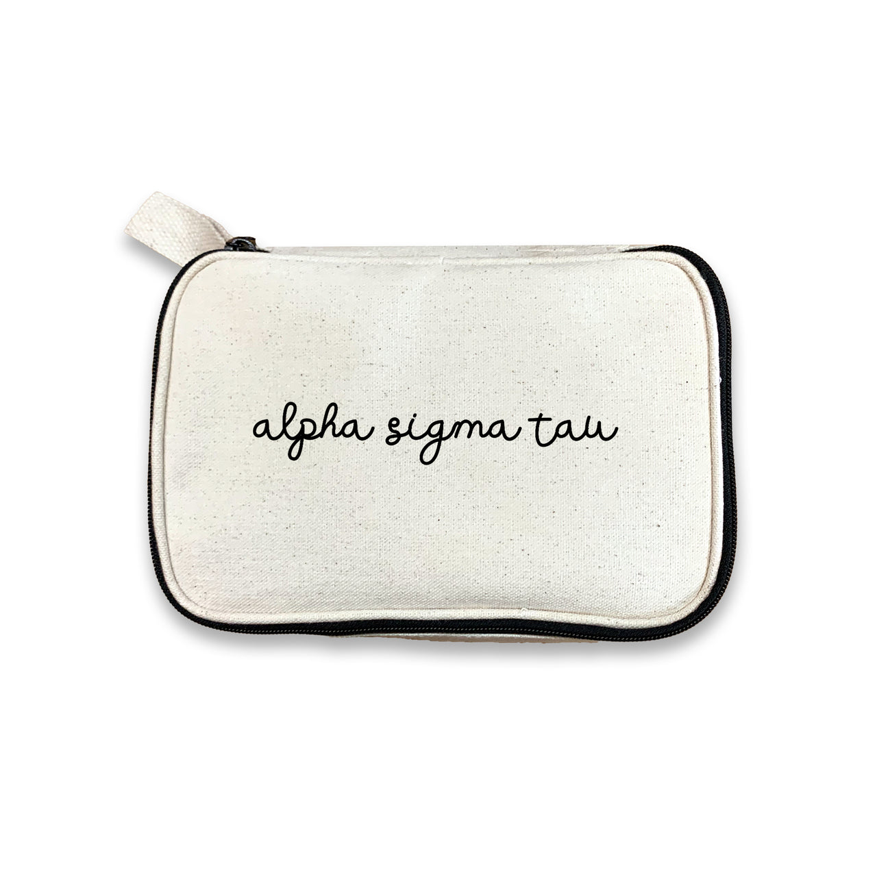 Alpha Sigma Tau Sorority Script Name Cosmetic Make Up Bag displayed on white background