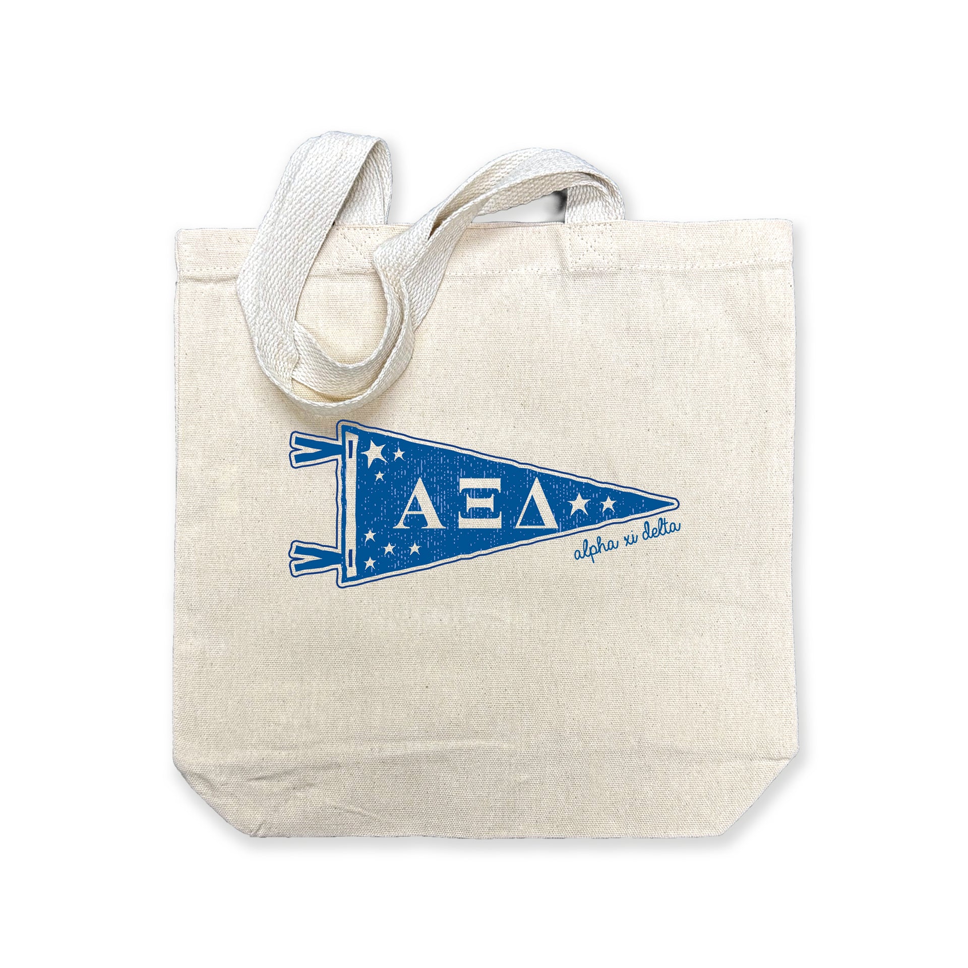 Alpha Xi Delta collegiate pennant medium size canvas tote bag featuring Alpha Xi Delta Greek letters on a white background