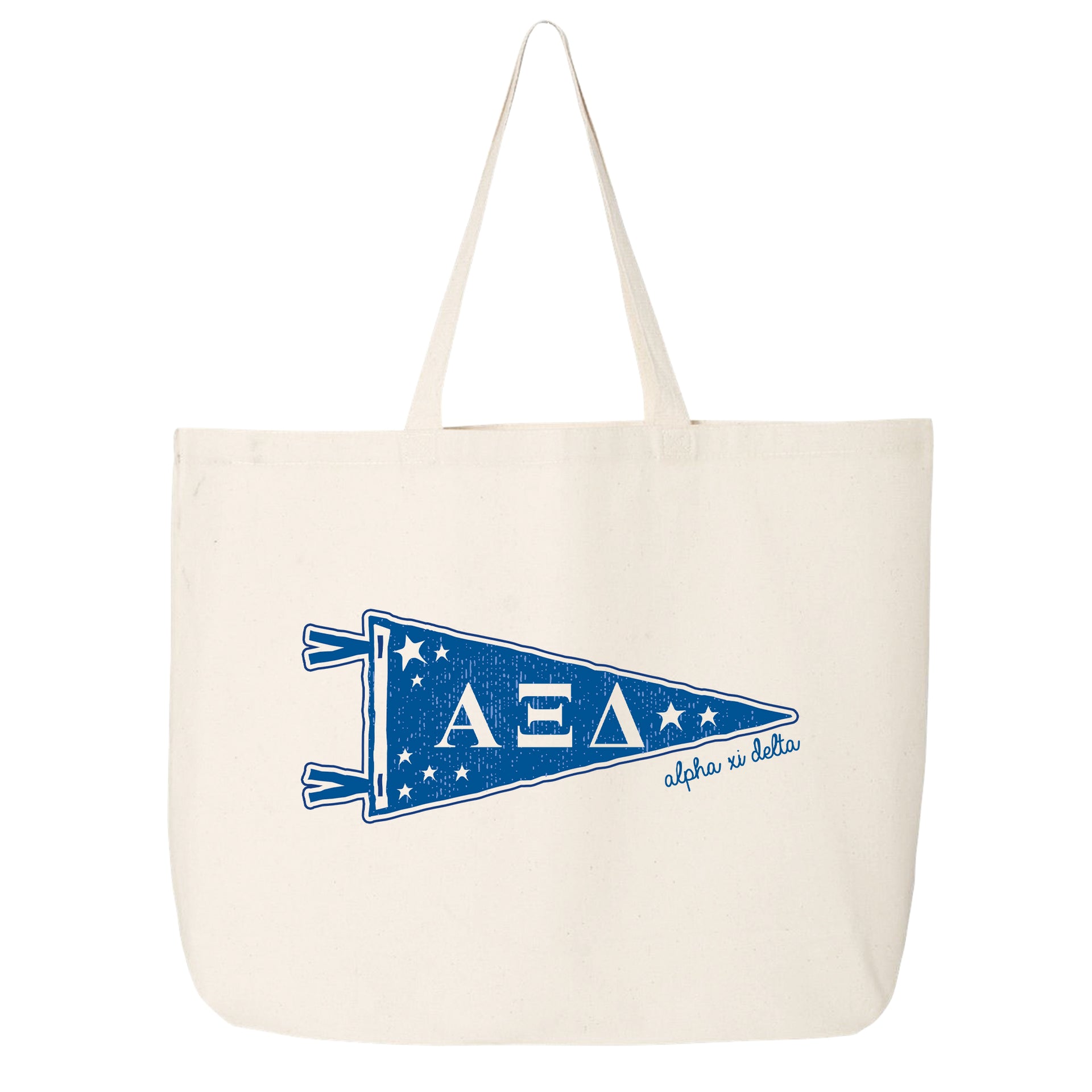 Alpha Xi Delta collegiate pennant large canvas tote bag featuring Alpha Xi Delta Greek letters on a white background