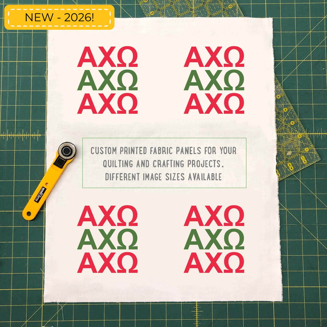 New for 2026 sorority diy craft and sewing projects. Chi Omega quilt square fabric.
