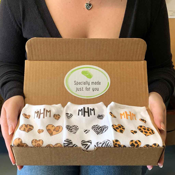 Personalized Monogram Socks in a Gift Box with Animal Hearts