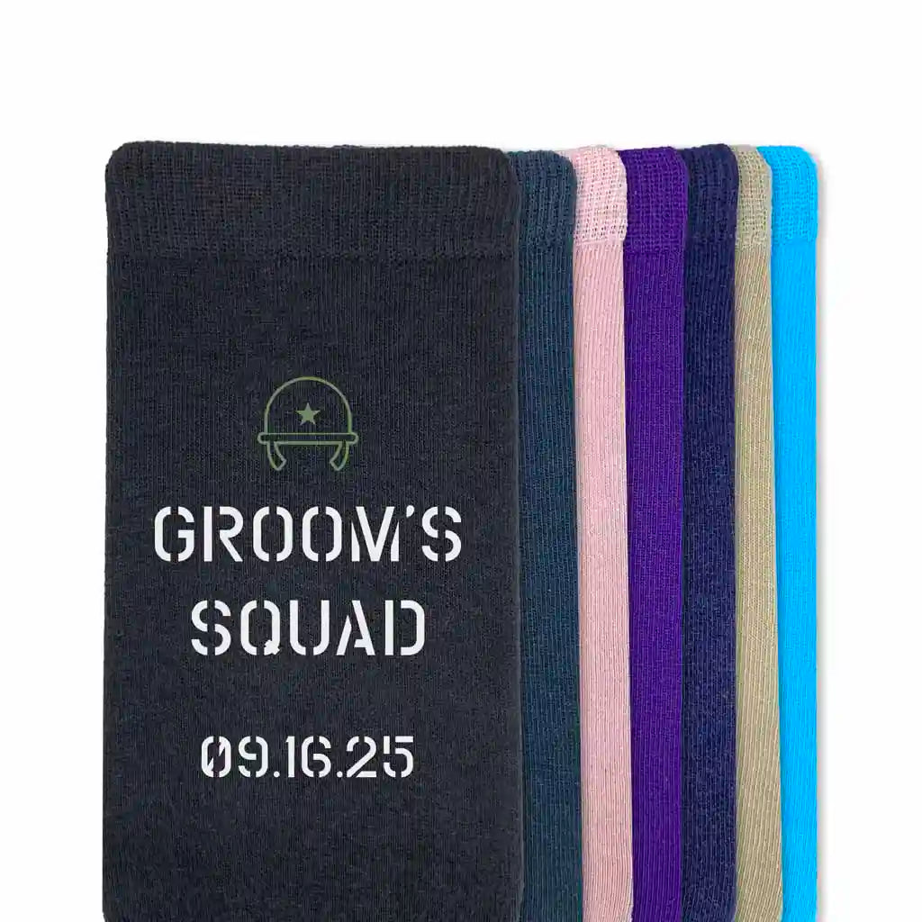 Grooms squad personalized army themed wedding socks designed for all branches of the US military custom printed and personalized with your date make a great accessory.