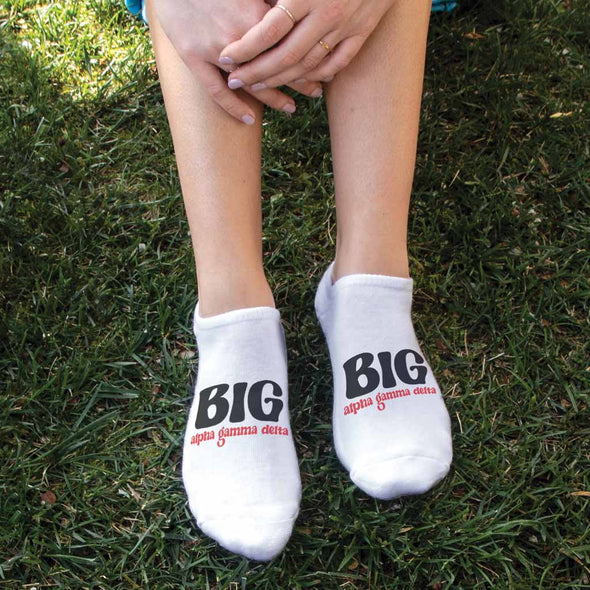 Fun big or little Alpha Gamma Delta design custom printed on white cotton no show socks.