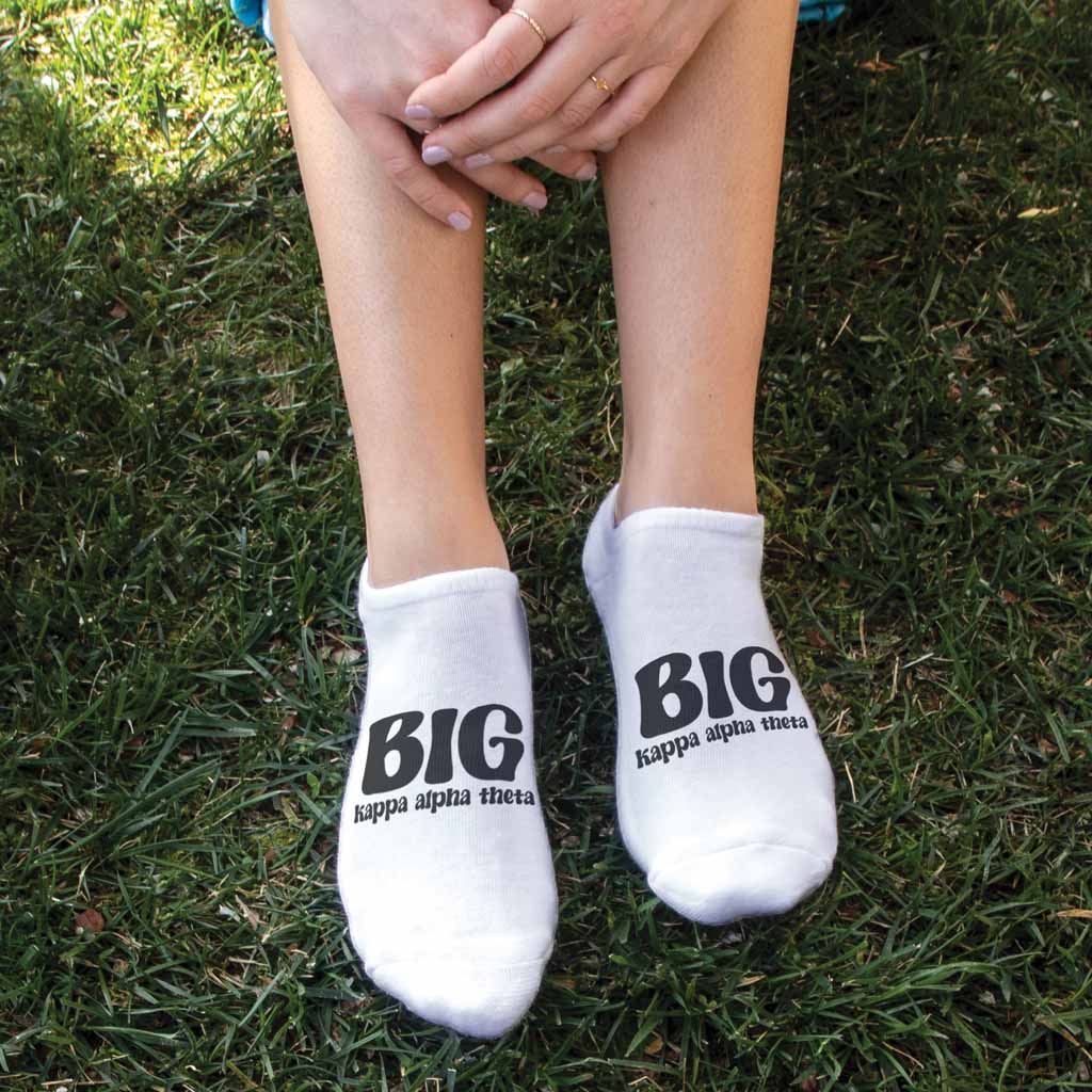 Fun Kappa Alpha Theta Big or Little design custom printed on comfy white cotton no show socks.