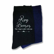 Ring bearer socks with fun saying the ring is safe with me printed on both of the outsides of the flat knit dress socks.