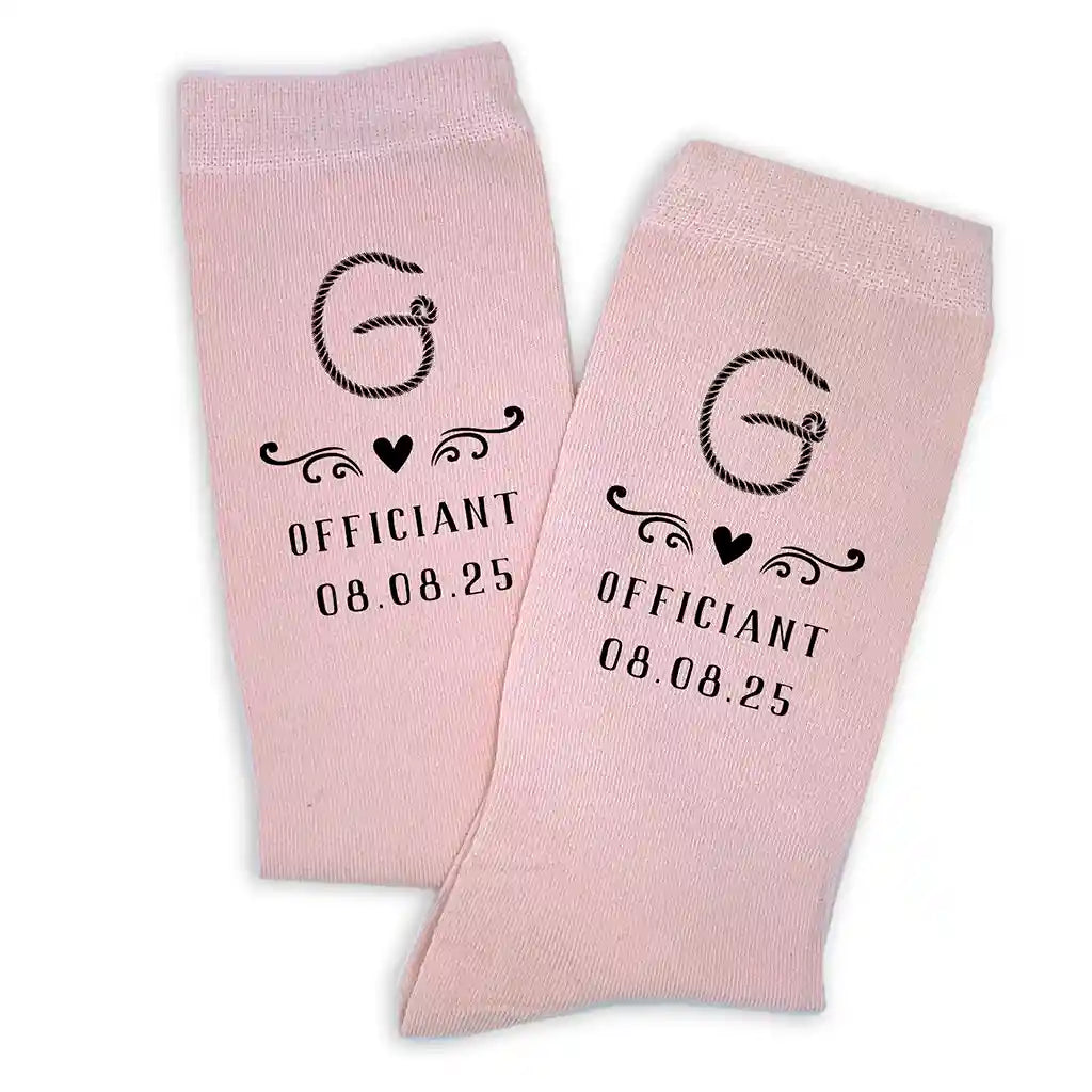 Blush flat knit dress socks custom printed with a western ranch style design and personalized with your wedding date and wedding role for all your groomsmen.