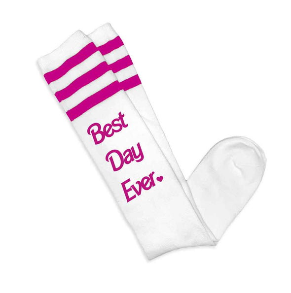 Best Day Ever Knee High Socks with Barbie Pink Stripes