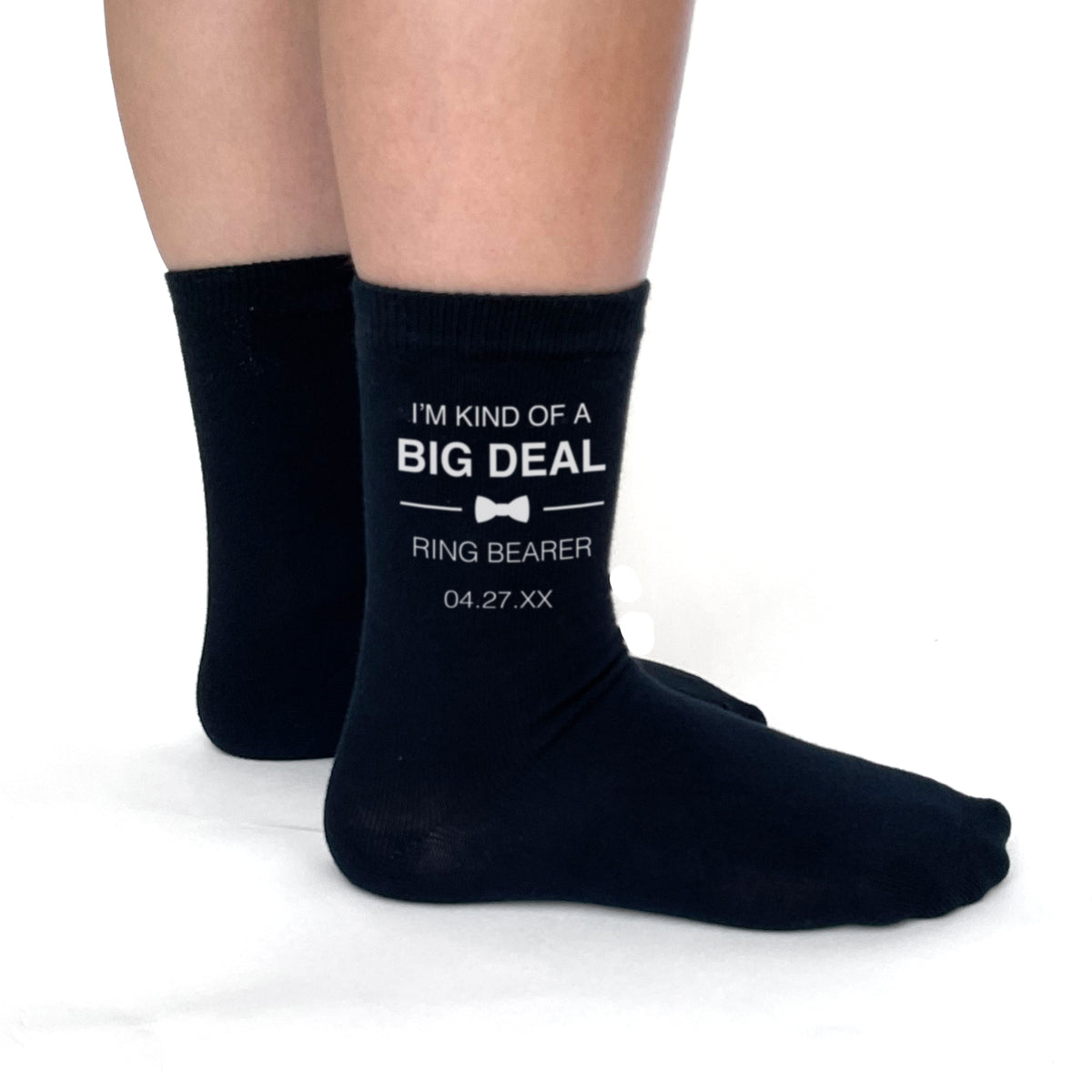 Black ring bearer socks with I'm a big deal design
