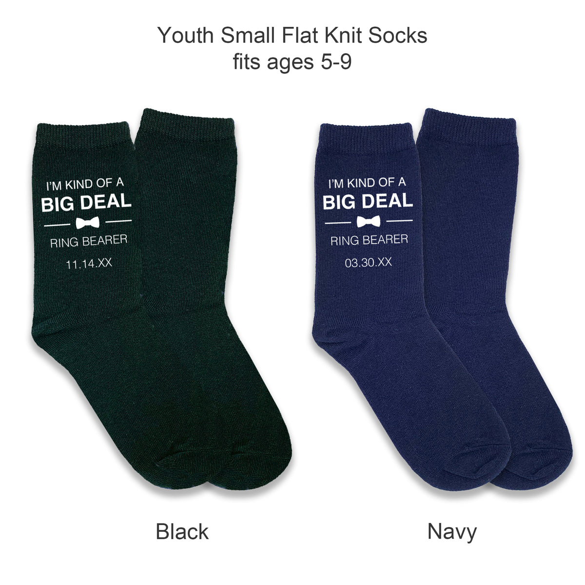 I'm kind of a big deal ring bearer socks with wedding date in black and navy