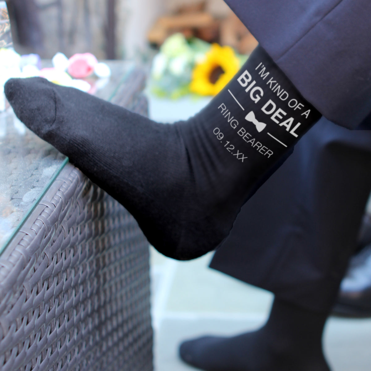 Ring bearer socks personalized with the wedding date for boys.