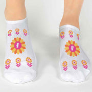 Flower design digitally printed with your monogram initials on white cotton no show socks in a three pair gift box set.