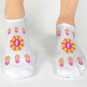 Flower design digitally printed with your monogram initials on white cotton no show socks in a three pair gift box set.