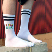 Digitally printed B-Day boy on white socks with black stripes and a gift box for easy gift giving.