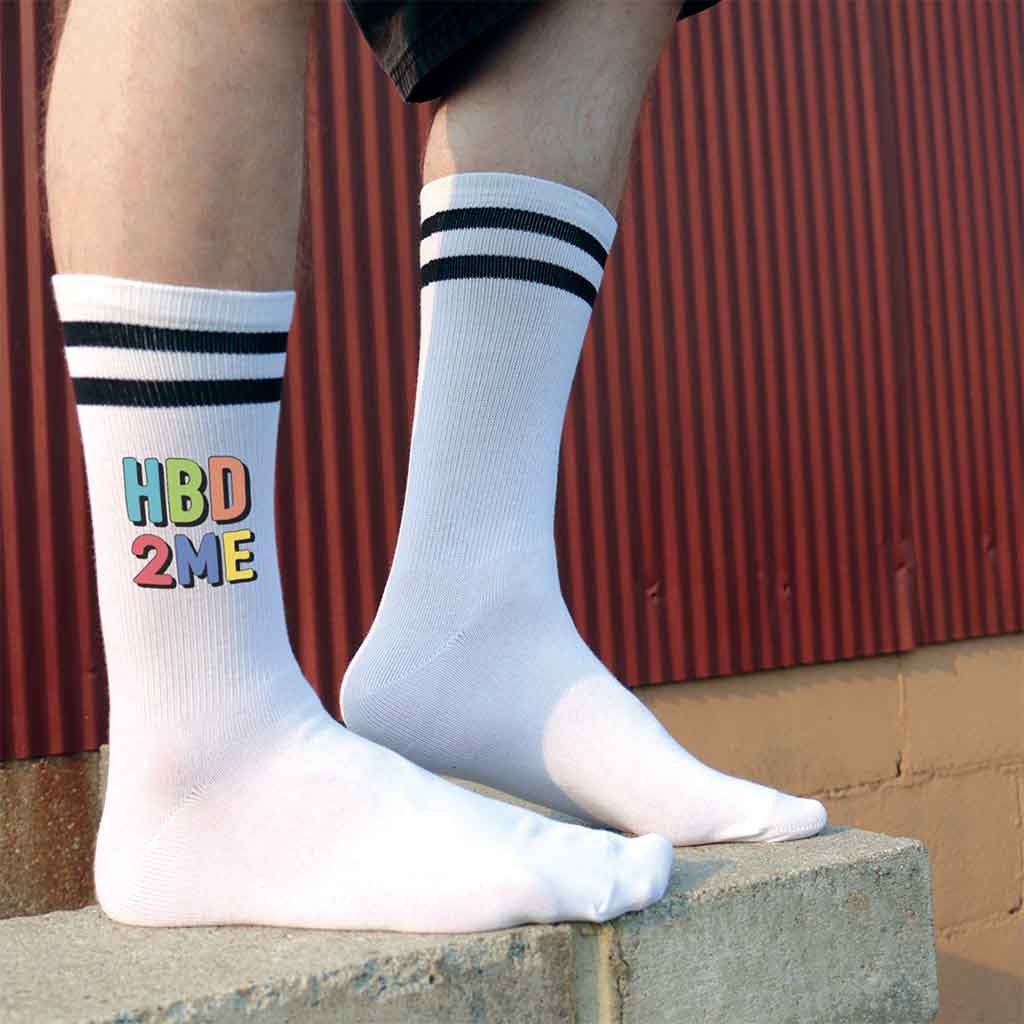 Super  cute happy birthday to me printed on the outsides of the white socks with black stripes and a gift box included.