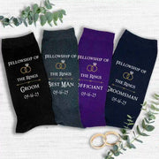 Custom printed wedding socks for the entire wedding party these fellowship of the rings designed socks make a great gift.