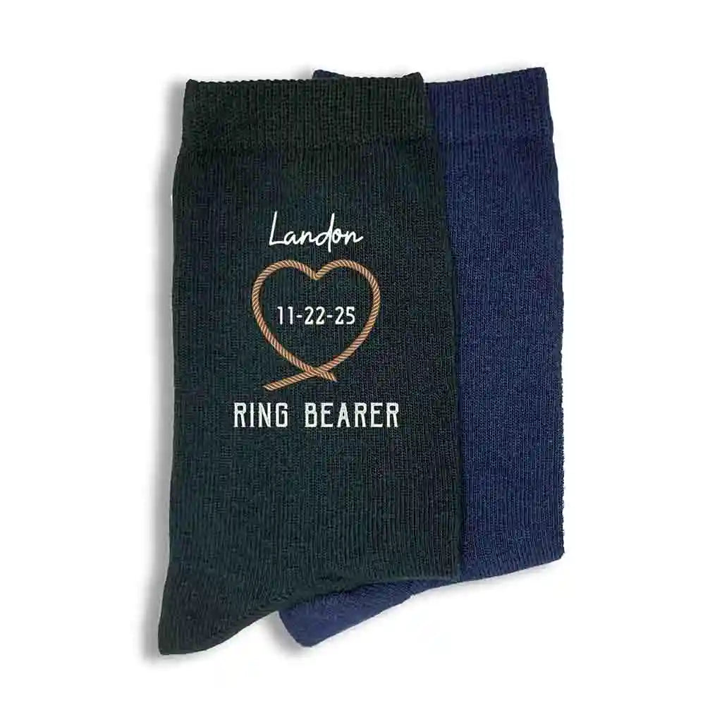 Roper heart ring bearer socks custom printed with a rustic western design on flat knit dress socks personalized with your name, date and role.