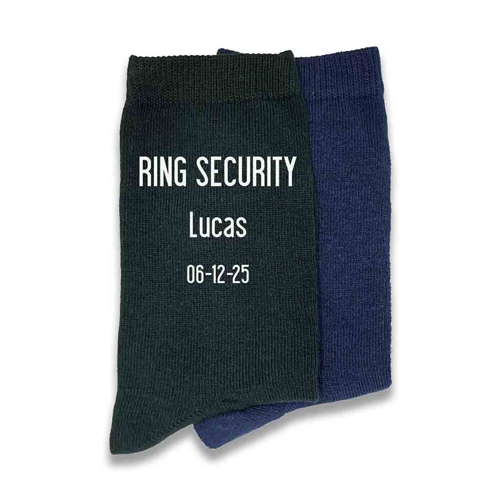 Ring security wedding socks custom printed for the ring bearer with name and date digitally printed on flat knit dress socks.