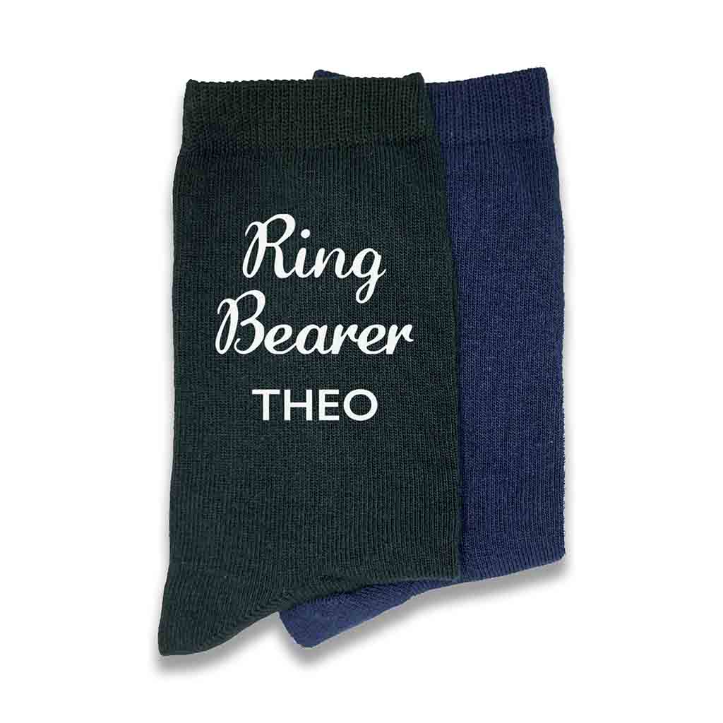 Custom printed ring bearer socks personalized with your name printed on black or navy flat knit socks.