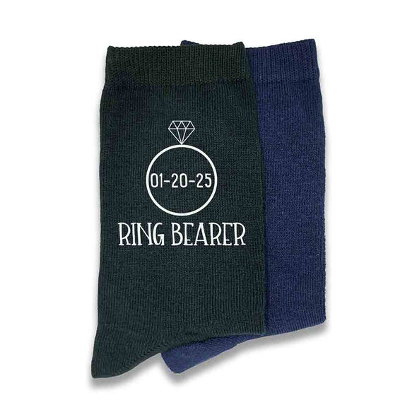 Super cool ring bearer wedding day socks digitally printed with ring design and personalized with your wedding date on black or navy flat knit dress socks.