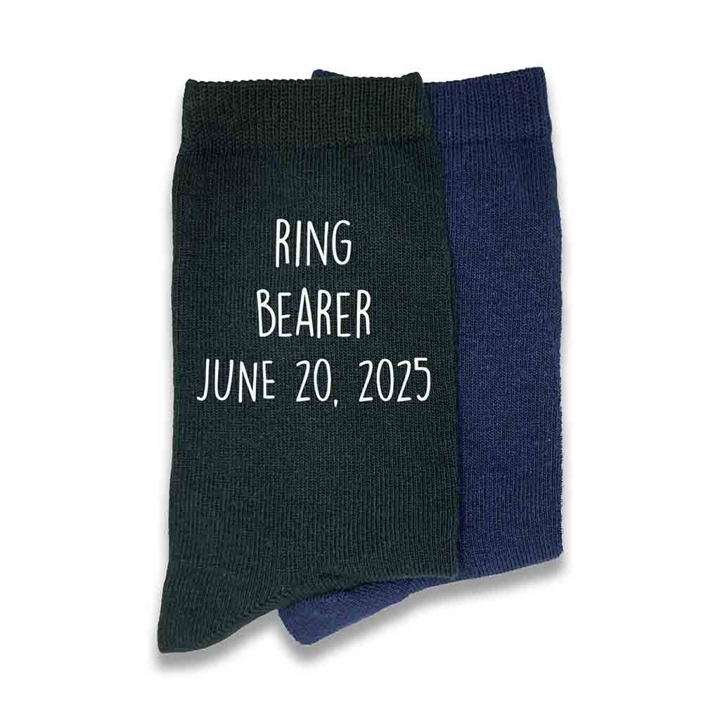 Super cool ring bearer socks custom printed with ring bearer and personalized with your wedding date are the perfect accessory gift for your ring bearer.