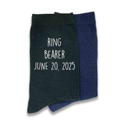 Super cool ring bearer socks custom printed with ring bearer and personalized with your wedding date are the perfect accessory gift for your ring bearer.