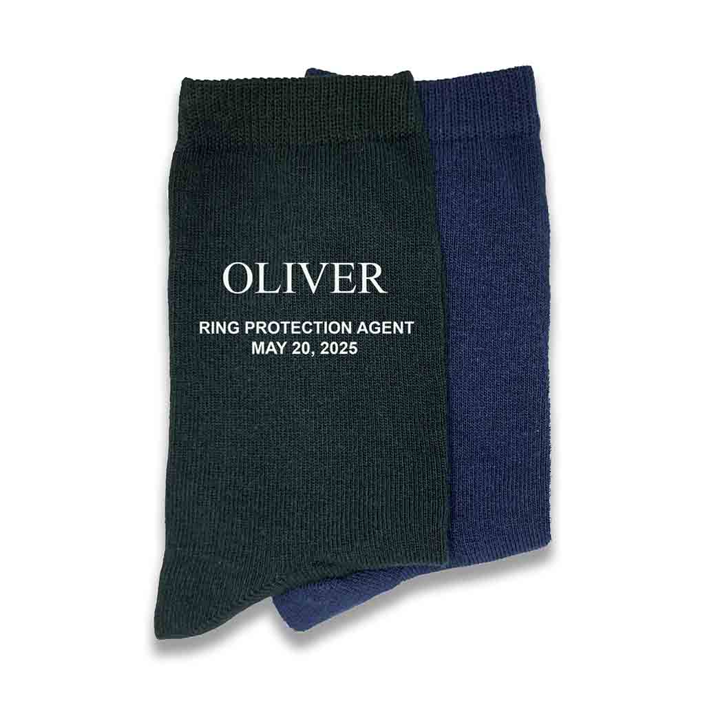Ring protection agent design custom printed on the outside of flat knit dress socks personalized with your name and wedding date.