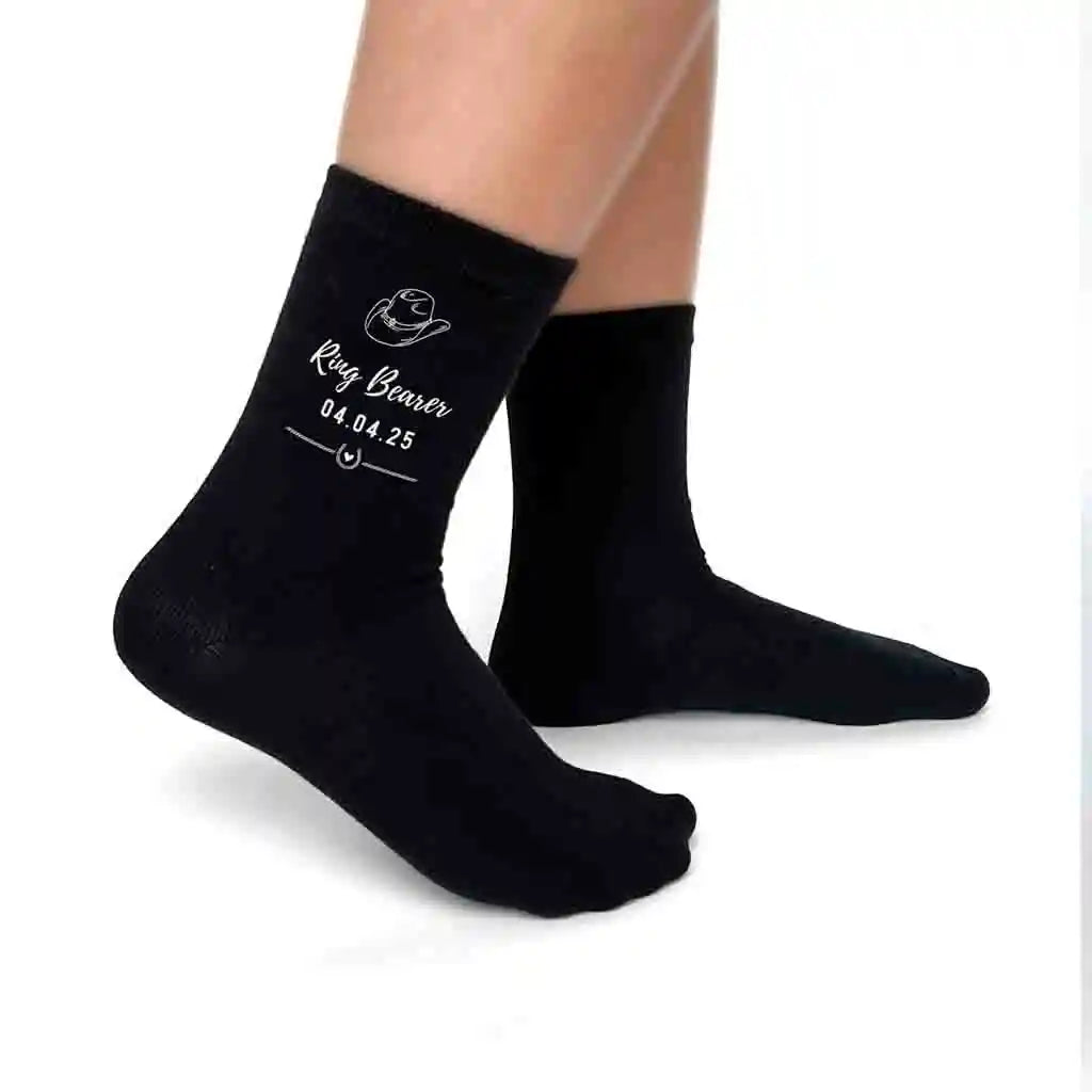 Cowboy hat western theme design digitally printed on flat knit dress socks personalized with your wedding date and role.