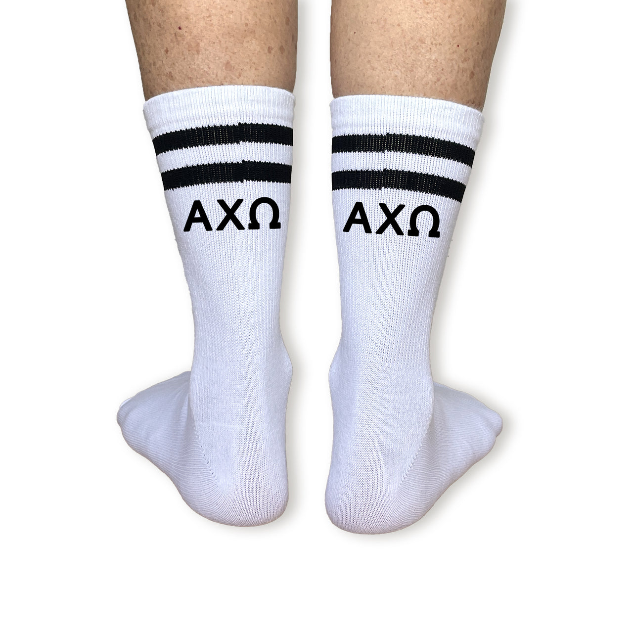 Alpha Chi Omega Sorority Letters on the Back of Striped Crew Socks